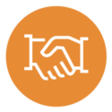 Graphic illustration of a pair of hands shaking used to represent our Cooperative members. The background is medium orange with a white illustration in the center.