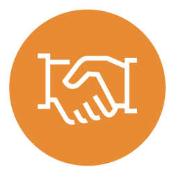 Cooperative Graphic illustration of a pair of hands shaking used to represent our Cooperative members. The background is medium orange with a white illustration in the center.