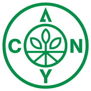 Our CANY logo illustrated in green. The inner circle has an illustration of a plant inside it. The letters C, A, N, and Y sit outside that circle at 90 degree angles from each other. The outer circle sits just outside of the letters.