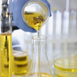 Hand,In,Rubber,Glove,Pours,Yellow,Liquid,Into,Flask,In Hand in rubber glove pours yellow liquid into flask in chemical laboratory closeup. Pharmacological preparations production concept.