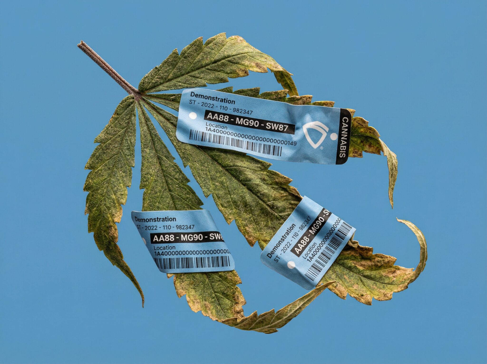 Wilting cannabis leaf covered in 3 Metrc stickers