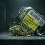 A graphic illustration of a vibrant cannabis bud weighed down by a massive, industrial electronic tracking device, representing the heavy regulatory burden of METRC compliance on microbusinesses.