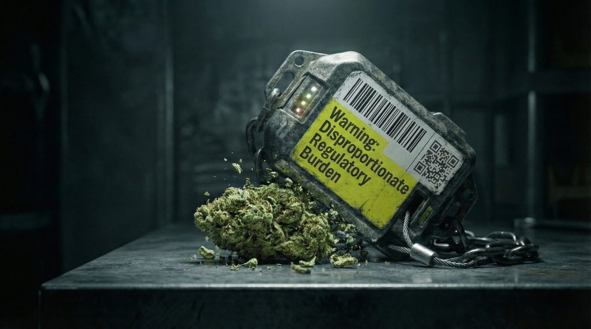 A graphic illustration of a vibrant cannabis bud weighed down by a massive, industrial electronic tracking device, representing the heavy regulatory burden of METRC compliance on microbusinesses.