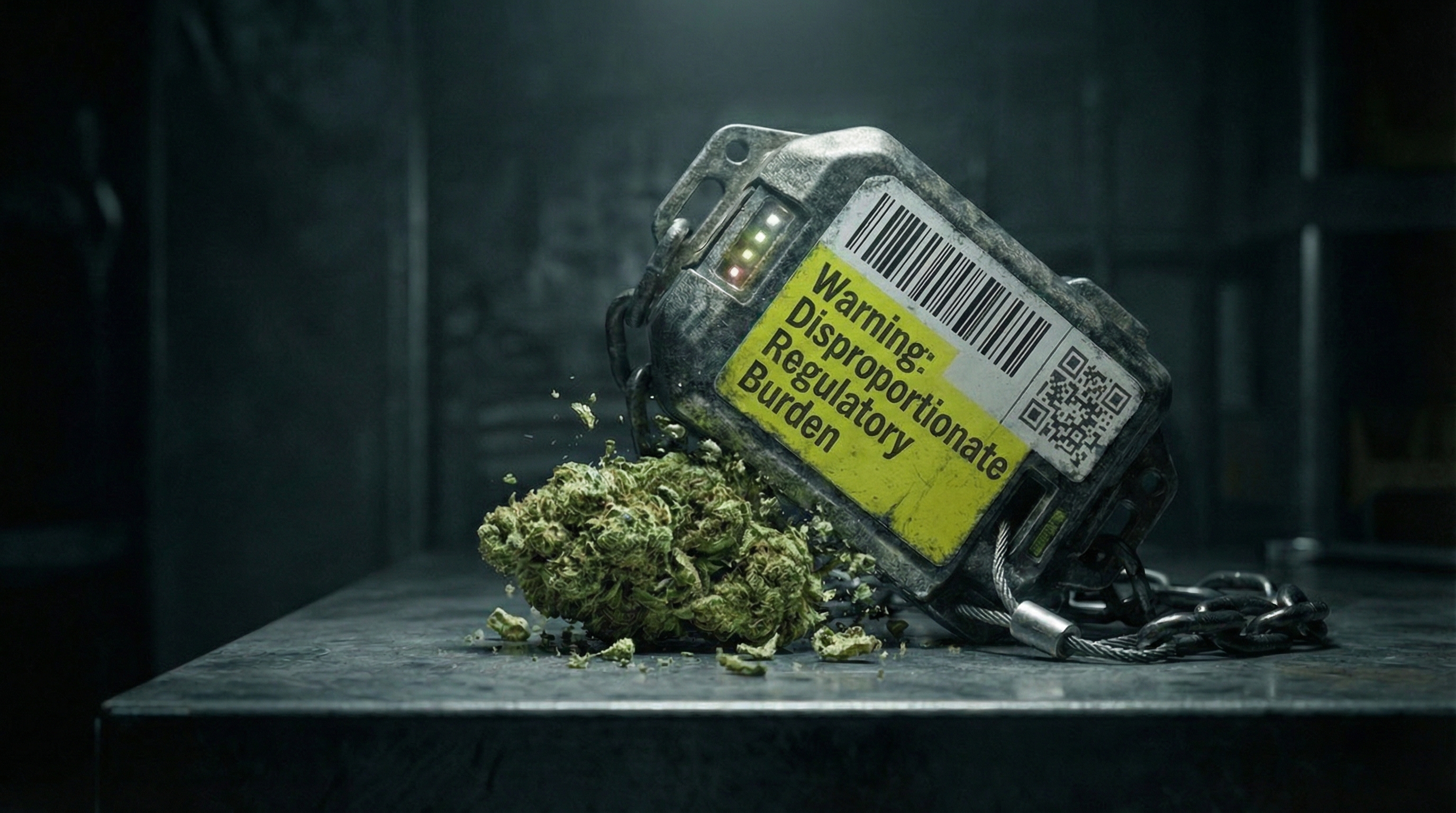A graphic illustration of a vibrant cannabis bud weighed down by a massive, industrial electronic tracking device, representing the heavy regulatory burden of METRC compliance on microbusinesses.